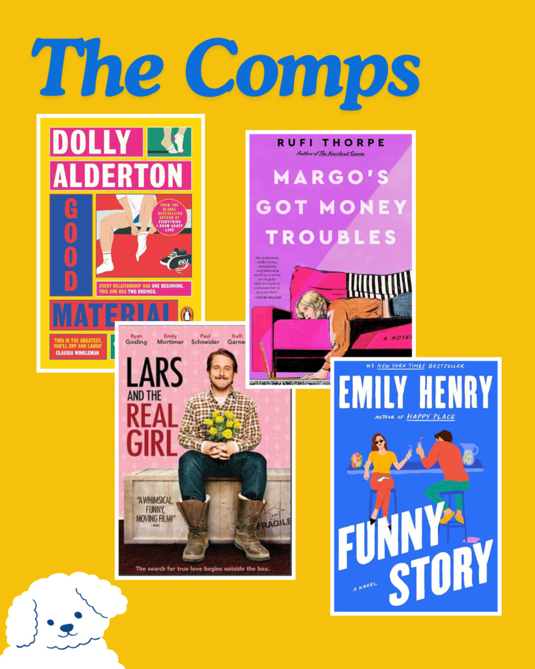 The Comps for Francis and the Real World, including Good Material by Dolly Alderton, Margo's Got Money Troubles by Rufi Thorpe, Happy Place by Emily Henry, and the movie Lars and the Real Girl. In the bottom left hand corner is a white cartoon dog.